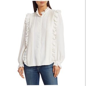 Joie Cheyenne Plisse Ruffle Lace Eyelet-Trim Blouse